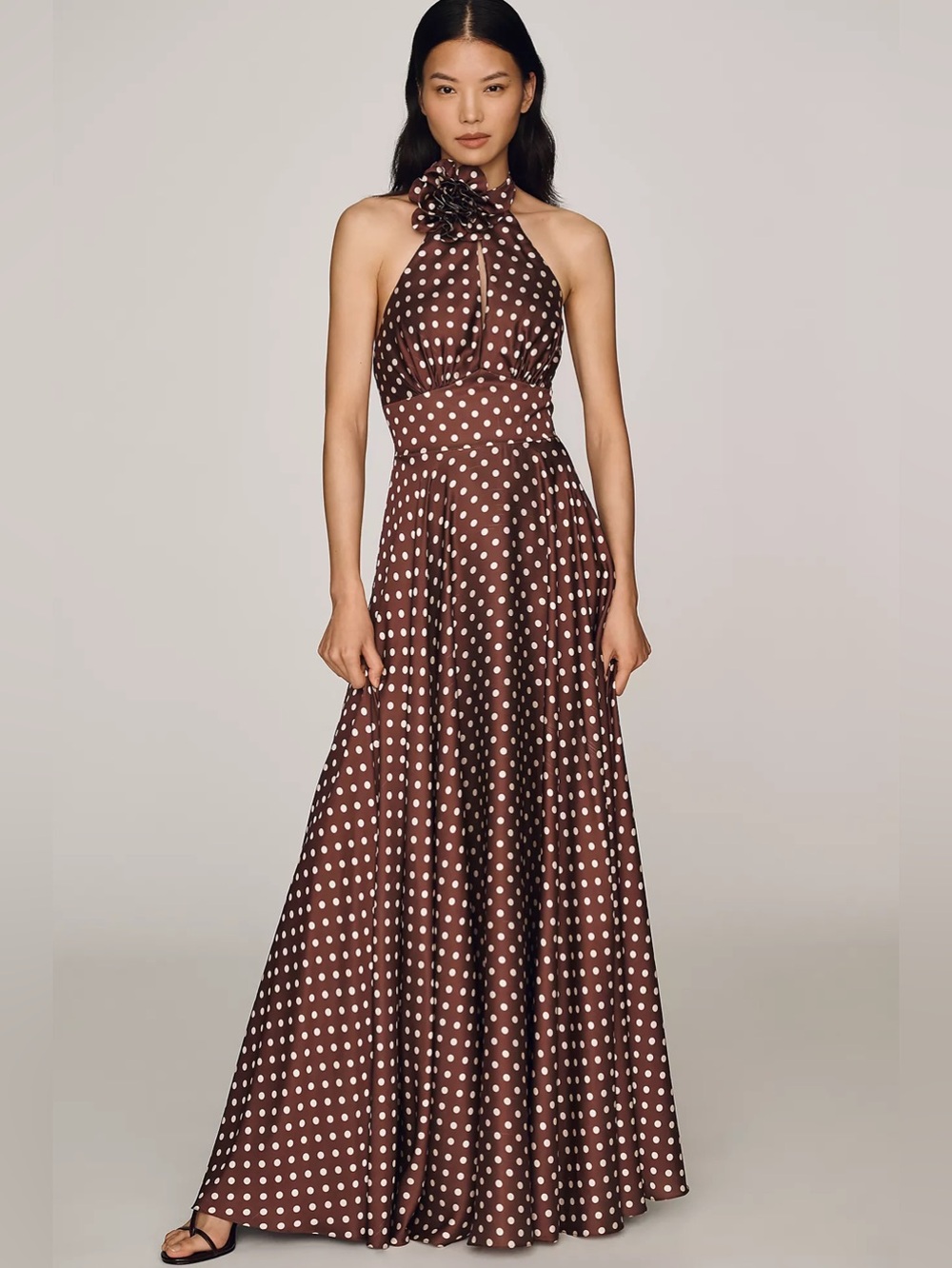 Anthropologie MAC DUGGAL Size 10 Brown Polka Dot Long  Halter Gown Dress FLAWS